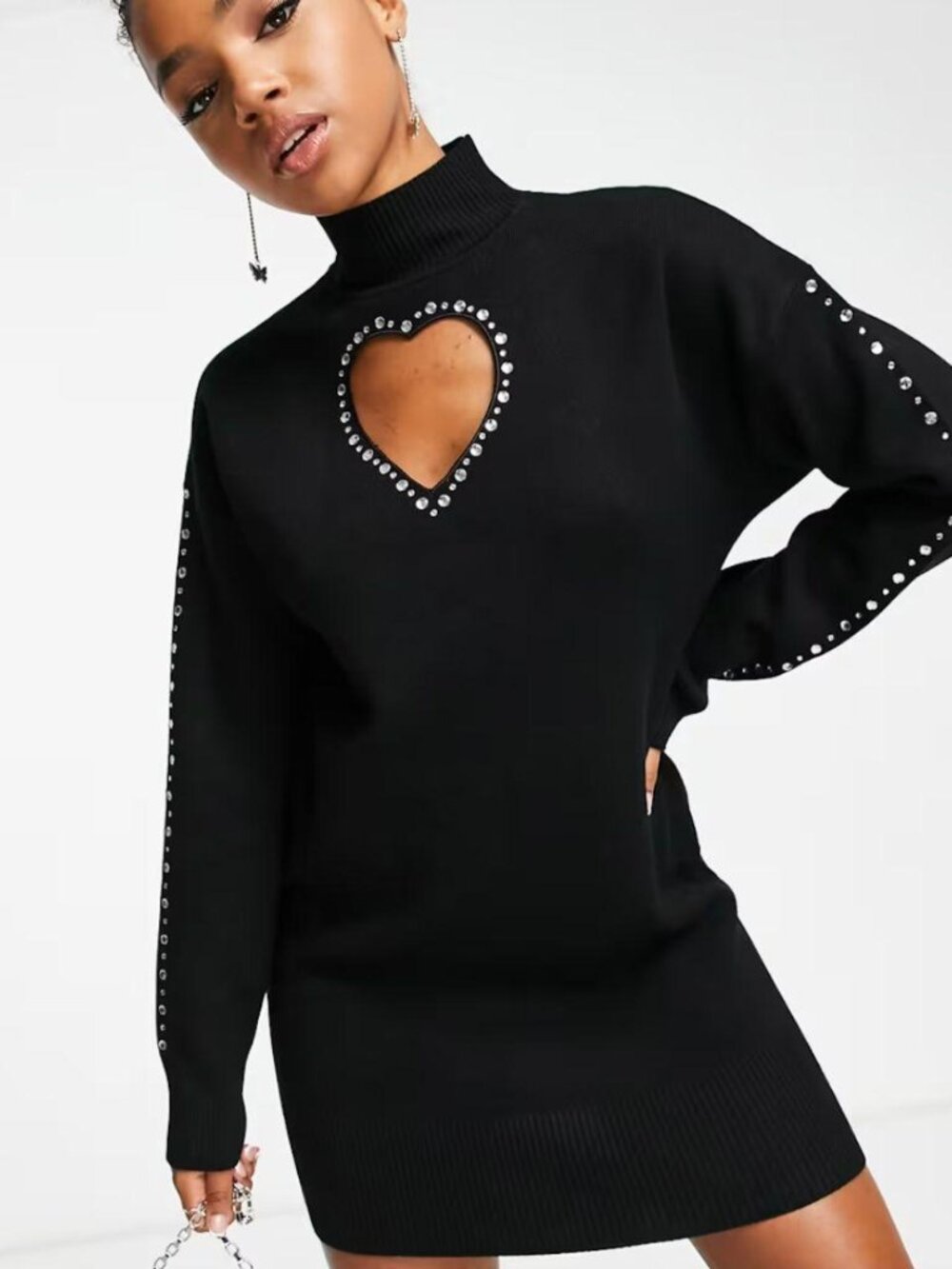 Miss Selfridge diamonte heart cut out sweater dress in black
